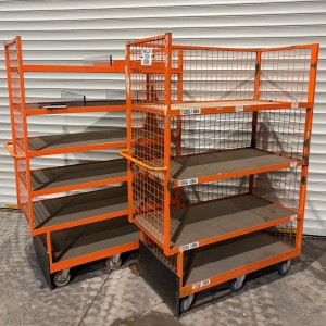 2 x Used Heavy Duty 6 Wheel Stock Shelf Trollies Orange
